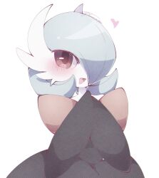 alternate_color black_dress blue_hair blush bob_cut colored_skin dress gardevoir gen_3_pokemon hair_over_one_eye heart highres mega_gardevoir mega_pokemon narumiya_pkmn nintendo open_mouth pink_eyes pokemon pokemon_(creature) shiny_pokemon simple_background smile white_background white_skin