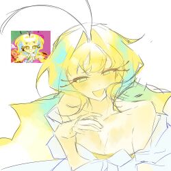 1girl aegyo_sal antenna_hair bare_shoulders blonde_hair colored_skin cookie_run cookie_run:_kingdom curly_eyebrows floating_hair fructoseies highres humanization layered_clothes leotard long_eyelashes long_hair looking_at_viewer sugarfly_cookie very_long_hair white_eyeshadow yellow_leotard yellow_skin