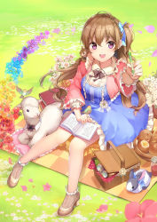 1girl :d animal bird black_bow black_bowtie blue_bow blue_dress book book_stack bow bowtie bread brown_hair brown_shoes country_lolita detached_collar dress female_focus flower food frilled_legwear frills fruit full_body grapes hair_bow high_heels jam jar lolita_fashion long_hair long_sleeves looking_at_viewer looking_up one_side_up open_mouth original pen petals picnic picnic_basket pink_flower purple_eyes rabbit rainbow_order revision sheep shoes sitting smile solo sparkle squirrel stella_chen_yui wide_sleeves