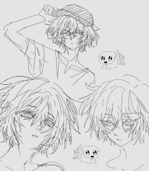1boy afterimage alternate_hair_length alternate_hairstyle animal arm_up bang_dream! bang_dream!_it&#039;s_mygo!!!!! baseball_cap baudrillardyuri chibi chibi_inset closed_mouth commentary cropped_shoulders dog english_text expressionless grey_background greyscale hand_on_headwear hat highres lineart looking_ahead looking_at_viewer looking_to_the_side male_focus misumi_uika monochrome motion_lines multiple_views parted_lips short_sleeves simple_background sketch tail tail_wagging tongue tongue_out
