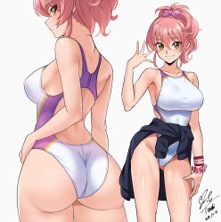 1girl alternate_costume ass back_cutout bow breasts clothes_around_waist clothing_cutout commentary_request commission competition_swimsuit gluteal_fold grin hair_bow hand_up high_ponytail highleg highleg_one-piece_swimsuit highres idolmaster idolmaster_cinderella_girls jougasaki_mika large_breasts looking_at_viewer multiple_views nail_polish one-piece_swimsuit parted_lips pink_hair pink_nails pixiv_commission ponytail scrunchie sideboob simple_background smile sweater sweater_around_waist swimsuit white_background wrist_scrunchie wristband yellow_eyes yoo_tenchi