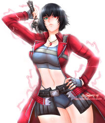 1girl absurdres artist_name black_hair breasts cleavage commentary cosplay dante_(devil_may_cry) dante_(devil_may_cry)_(cosplay) devil_may_cry_(series) energy english_commentary expressionless fingerless_gloves gloves glowing glowing_eyes green_eyes hand_on_own_hip heterochromia highres holding holding_sword holding_weapon instagram_username jacket jewelry lady_(devil_may_cry) large_breasts looking_at_viewer midriff navel necklace no_scar red_eyes red_jacket sabart09 short_hair simple_background sketch solo sword watermark weapon web_address white_background