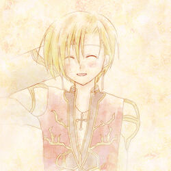 1boy arm_behind_head asymmetrical_bangs black_coat blonde_hair blush closed_eyes coat commentary_request cross cross_necklace dated_commentary gold_trim grey_coat high_priest_(ragnarok_online) jewelry long_sleeves lowres male_focus multicolored_coat necklace open_mouth ragnarok_online sharari short_hair smile solo two-tone_coat upper_body white_coat yellow_background