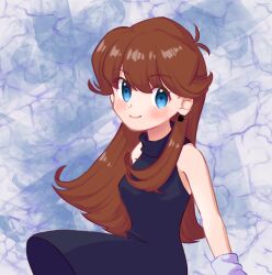 Rule 34 | 1girl, ahoge, armpit crease, arms at sides, artist request, bare shoulders, black dress, blue eyes, breasts, brown hair, crease, dress, earrings, eyelashes, female focus, gloves, green (pokemon), happy, highres, light blush, long hair, looking at viewer, medium breasts, neck, nintendo, pokemon, pokemon adventures, scan, short dress, sidelocks, sleeveless, sleeveless dress, smile, sphere earrings, standing, turtleneck, turtleneck dress, white gloves