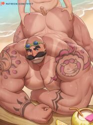 2boys arm_tattoo ass bald bara beard_stubble braum_(league_of_legends) drink erection eyewear_on_head facial_hair food fruit highres imminent_anal imminent_penetration jewelry large_pectorals league_of_legends lemon lemon_slice looking_at_viewer male_focus multiple_boys muscular muscular_male mustache necklace official_alternate_costume paid_reward_available pectorals penis pool_party_braum smile solo stubble sunglasses tattoo tevit_(tevit15) yaoi