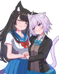 Rule 34 | 2girls, :3, ahoge, animal ear fluff, animal ears, aqua bow, aqua bowtie, arms around waist, black hair, black jacket, black tail, blazer, blue sailor collar, blue skirt, blunt ends, blush, bow, bowtie, brown cardigan, cardigan, cat ears, cat girl, cat tail, closed eyes, closed mouth, collarbone, collared shirt, commentary request, cowboy shot, dot nose, grid print, highres, holding hands, hololive, hug, jacket, kyo se, long hair, long sleeves, looking at another, multiple girls, mutual hug, nekomata okayu, oozora subaru, open clothes, open jacket, pleated skirt, purple eyes, purple hair, purple tail, red bow, red bowtie, sailor collar, school uniform, serafuku, shirt, short hair, short sleeves, simple background, skirt, smile, standing, tail, very long hair, virtual youtuber, white background, white shirt, yuri