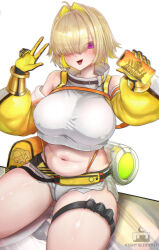 1girl ahoge artist_name bag blonde_hair breasts commentary crop_top detached_sleeves doom_(series) elegg_(nikke) gloves goddess_of_victory:_nikke hair_intakes highres holding holding_phone large_breasts luongnights micro_shorts navel parody phone plump pouch purple_eyes shorts simple_background solo stomach thigh_pouch thighs white_background white_shorts yellow_gloves