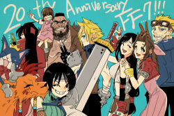 4girls 5boys aerith_gainsborough anniversary armor barret_wallace black_hair blonde_hair blue_eyes blue_jacket breasts brown_hair brown_vest buster_sword cait_sith_(final_fantasy) cape child cid_highwind cigarette cloak cloud_strife crop_top dark-skinned_male dark_skin dress elbow_pads final_fantasy final_fantasy_vii gloves goggles goggles_on_head green_eyes grin hair_ribbon headband huge_weapon jacket large_breasts long_hair looking_at_viewer low-tied_long_hair marlene_wallace materia multiple_boys multiple_girls orange_fur parted_bangs pink_dress pink_ribbon red_cape red_cloak red_gloves red_headband red_jacket red_xiii ribbon serieru_(summertosuika) short_hair shoulder_armor single_elbow_pad smile smoking spiked_hair sweater swept_bangs sword tank_top tifa_lockhart turtleneck turtleneck_sweater v vest vincent_valentine weapon weapon_on_back white_tank_top yuffie_kisaragi