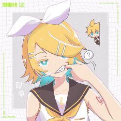Rule 34 | 1boy, 1girl, ?, ahoge, aqua eyes, bare arms, bare shoulders, black sailor collar, black sleeves, blonde hair, bow, bright pupils, chibi, clenched teeth, collarbone, colored eyelashes, confused, detached sleeves, finger in own mouth, flat chest, hair bow, head tilt, headphones, headset, highres, kagamine len, kagamine rin, manmes 214, mouth pull, neckerchief, number tattoo, peeking out, ponytail, sailor collar, scarf, sharp teeth, shirt, short hair, short ponytail, short sleeves, shoulder tattoo, siblings, sleeveless, sleeveless shirt, spoken question mark, surprised, sweatdrop, tattoo, teeth, treble clef, twins, vocaloid, wavy mouth, white bow, white pupils, yellow nails, yellow neckerchief