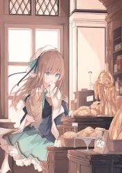1girl absurdres bag baguette beret blue_eyes blue_skirt bread brown_hair commentary_request covered_mouth day door food frilled_skirt frills hair_between_eyes hand_to_own_mouth hand_up hat highres holding holding_bag indoors kushida_you long_hair long_sleeves original paper_bag shirt sign skirt solo sunlight white_hat white_shirt wide_sleeves