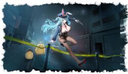 1girl absurdres animal_ears azur_lane between_breasts black_leotard blue_hair blue_jacket breasts brown_pantyhose cleavage floating_hair full_body gloves gun handgun hat high_heels highres holding holding_gun holding_weapon holster jacket large_breasts leotard long_hair looking_at_viewer manjuu_(azur_lane) necktie necktie_between_breasts neptune_(azur_lane) neptune_(officer_bunneptune_is_on_the_case!)_(azur_lane) night non-web_source official_alternate_costume official_art open_clothes outdoors pantyhose playboy_bunny police police_hat police_uniform pouch rabbit_ears red_necktie smile thigh_holster thigh_pouch thigh_strap weapon white_gloves yellow_eyes