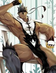 1boy abs absurdres bara bare_pectorals biceps bulge covered_abs covered_navel dark-skinned_male dark_skin ear_piercing erection erection_under_clothes facial_hair feet_out_of_frame gen_8_pokemon gluteal_fold grey_hair headband highres huge_nipples kimakkun large_pectorals legendary_pokemon male_focus mature_male muscular muscular_male nintendo nipples pectorals pelvic_curtain personification piercing pokemon revealing_clothes short_hair sitting solo spread_legs stomach stubble thick_thighs thighs urshifu