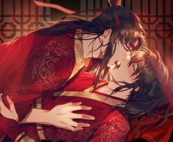Rule 34 | 2boys, alternate costume, black hair, blurry, blush, boy on top, brown eyes, brown hair, chinese clothes, chinese wedding, closed eyes, couple, curtains, depth of field, dress, eye contact, face-to-face, french kiss, hair ribbon, half-closed eyes, hand on another&#039;s chest, hanfu, headband, high ponytail, highres, honggaitou, hug, imminent kiss, indoors, jujeop, kiss, korean commentary, lan wangji, lattice, long hair, long sleeves, looking at another, lying, lying on person, male focus, modao zushi, multiple boys, on back, open mouth, ponytail, profile, red hanfu, red headband, red ribbon, red veil, ribbon, robe, saliva, see-through curtains, sidelocks, sweat, tongue, tongue out, topknot, upper body, veil, wedding dress, wei wuxian, wide sleeves, window, xiao guan (headdress), yaoi