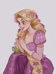 1girl artist_name blonde_hair chameleon dress flower green_eyes grey_background hair_flower hair_ornament highres itslopezz long_hair open_mouth pascal_(tangled) pink_flower puffy_short_sleeves puffy_sleeves purple_dress purple_flower rapunzel_(disney) short_sleeves simple_background solo tangled teeth very_long_hair white_flower yellow_flower