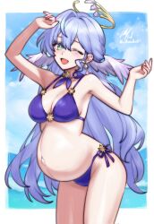 1girl ;d aqua_eyes arms_up bare_shoulders bikini blue_sky breasts cleavage cowboy_shot earrings hair_between_eyes halo head_wings highres honkai:_star_rail honkai_(series) jewel_under_eye jewelry long_hair looking_at_viewer medium_breasts navel one_eye_closed open_mouth pregnant purple_bikini purple_hair robin_(honkai:_star_rail) rotomdocs side-tie_bikini_bottom sky smile solo stomach swimsuit very_long_hair wings