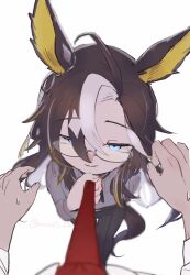 Rule 34 | 1boy, 1girl, alice (rune factory), animal ears, black hair, black pants, blonde hair, blue eyes, clothes grab, colored inner animal ears, dream journey (umamusume), glasses, grey shirt, hair between eyes, height difference, highres, holding, horse ears, horse tail, long hair, long sleeves, looking at viewer, maron17 29mikan, multicolored hair, necktie, necktie grab, neckwear grab, nervous sweating, pants, pov, semi-rimless eyewear, shirt, signature, simple background, single hair intake, smile, solo focus, streaked hair, sweat, sweatdrop, tail, twitter username, umamusume, under-rim eyewear, very long hair, white background, white hair, white shirt