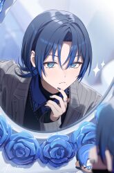 1girl absurdres akabino black_sweater blue_eyes blue_flower blue_hair blue_nails blue_rose blue_shirt commentary_request earclip flower grey_jacket highres hiodoshi_ao hiodoshi_ao_(1st_costume) hololive hololive_dev_is jacket looking_at_mirror mirror mole mole_under_mouth nail_polish pinstripe_jacket pinstripe_pattern reflection reverse_trap rose shirt sparkle striped_clothes striped_jacket sweater upper_body vertical-striped_clothes vertical-striped_jacket virtual_youtuber wolf_cut