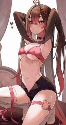 akumana armpits arms_up black_choker bra breasts brown_eyes brown_hair choker commission covered_erect_nipples detached_sleeves gradient_hair highres indie_virtual_youtuber kuho_mataru long_hair multicolored_hair navel pink_bra pink_hair shorts single_thighhigh sitting skindentation small_breasts stomach tattoo thigh_strap thighhighs thighs underboob underwear very_long_hair virtual_youtuber white_thighhighs