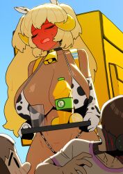 1boy 2girls absurdres animal_ears animal_print backpack bag bikini blonde_hair blush bottle breasts brown_hair chibi closed_eyes commander_(last_origin) cow_ears cow_horns cow_print cow_print_bikini dark-skinned_female dark_elven_forest_ranger dark_skin dc_(makezzal) dog_ears dog_girl elbow_gloves elf fake_animal_ears fake_horns food fruit full-face_blush glass gloves hachiko_of_castling highres holding holding_tray horns huge_breasts last_origin lemon lemon_juice long_hair micro_bikini multicolored_hair multiple_girls phallic_symbol pointy_ears print_bikini shirt short_hair solid_oval_eyes sweat swimsuit tray two-tone_hair two_side_up