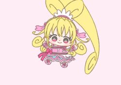 1girl absurdly_long_hair aida_mana blonde_hair boots bow brooch chibi closed_mouth cure_heart curly_hair dokidoki!_precure dress eyelashes footwear_bow hair_ornament hair_ribbon hair_tie happy heart heart-shaped_hair heart_brooch heart_hair_ornament high_ponytail ichigo_usuhana jewelry long_hair looking_at_viewer magical_girl medium_dress outstretched_arms pink_arm_warmers pink_background pink_bow pink_brooch pink_dress pink_eyes pink_ribbon pink_theme ponytail precure ribbon short_sleeves simple_background smile solo tareme very_long_hair waist_bow white_boots