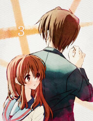 Rule 34 | 1boy, 1girl, 621 joker 123, asahina mikuru, blazer, blue sailor collar, brown hair, collared shirt, commentary request, from side, green jacket, highres, jacket, kita high school uniform, koizumi itsuki, long hair, long sleeves, looking at another, looking back, necktie, red necktie, sailor collar, school emblem, school uniform, serafuku, shirt, short hair, suzumiya haruhi no yuuutsu, white shirt, winter uniform