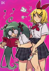 2girls @_@ angry_sex black_skirt blonde_hair bow coke-bottle_glasses confessions_of_a_rotten_girl_(vocaloid) cross_hair_ornament dk666_t doggystyle drooling fang fujoshi glasses hair_ornament hairclip hatsune_miku highres implied_futanari kagamine_rin long_hair mouth_drool multiple_girls open_mouth panties pornography red_bow school_uniform sex sex_from_behind shirt short_hair simple_background skin_fang skirt striped_clothes striped_panties twintails underwear vocaloid white_shirt yaoi_(object)