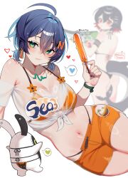2girls absurdres ahoge ass bangboo_(zenless_zone_zero) belle_(zenless_zone_zero) bikini bikini_under_clothes black_bikini black_hair blue_hair blue_nails breasts closed_mouth colored_inner_hair commentary crop_top crossed_bangs ellen_joe english_commentary eous_(zenless_zone_zero) fingernails fins fish_tail food green_eyes hair_between_eyes hair_ornament heart highleg highleg_bikini highres holding holding_food holding_popsicle large_breasts long_fingernails looking_at_viewer low_twintails multicolored_hair multiple_girls nail_polish navel noodychaan off-shoulder_shirt off_shoulder official_alternate_costume orange_bikini orange_shorts patreon_logo patreon_username popsicle red_eyes red_hair see-through_clothes see-through_shirt shark_girl shark_tail shiny_skin shirt shorts sitting solo_focus spoken_heart swimsuit tail tied_shirt twintails twitter_username two-tone_hair white_shirt yokozuwari zenless_zone_zero