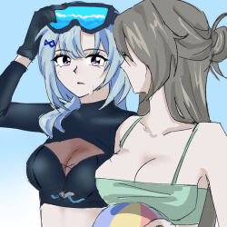 2girls ball beachball black_gloves blue_hair breasts cleavage cleavage_cutout clothing_cutout commentary_request diving_mask diving_mask_on_head diving_suit ehakehak gloves goggles goggles_on_head grey_hair griseo griseo_(cosmic_expression) griseo_(star-speckled_blue) holding holding_ball honkai_(series) honkai_impact_3rd korean_commentary large_breasts long_hair looking_at_another multiple_girls official_alternate_costume purple_eyes see-through_cleavage see-through_clothes two-tone_background very_long_hair vita_(honkai_impact) wet