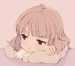 Rule 34 | 1girl, :t, ahoge, arm rest, averting eyes, blue eyes, brown hair, crossed arms, head rest, idolmaster, idolmaster million live!, long hair, long sleeves, pout, ryuzevcpayoru, solo, suou momoko, v-shaped eyebrows