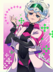 Rule 34 | 1boy, bede (pokemon), bede (sygna suit) (pokemon), bodysuit, bodysuit under clothes, coat, cowboy shot, grey hair, iskandar (fetishbambi), looking at viewer, male focus, nintendo, official alternate costume, pink coat, pokemon, pokemon masters ex, solo, twitter username