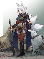 1girl absurdres alternate_costume ammunition_belt armor artist_name asymmetrical_clothes azur_lane black_boots blue_eyes boots breasts canyne collar eyeshadow fishnet_thighhighs fishnets full_body highres holding holding_sword holding_weapon kaga_(azur_lane) kitsune knee_boots large_tail looking_at_viewer makeup medium_breasts metal_collar nocturnal_melonpan pauldrons planted planted_sword planted_weapon red_eyeshadow short_hair shoulder_armor sideways_glance single_pauldron solo sword tail thighhighs weapon white_hair