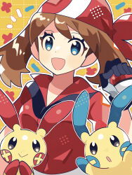 1girl :&gt; :d :o anidler91 animal_ears bandana black_gloves blue_eyes blush brown_hair commentary eyelashes gen_3_pokemon gloves hand_up highres holding holding_poke_ball looking_at_viewer may_(pokemon) medium_hair minun nintendo no_sclera notice_lines open_mouth outline plusle poke_ball poke_ball_(basic) pokemon pokemon_(creature) pokemon_rse red_bandana red_shirt shirt smile upper_body white_outline