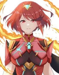 1girl breasts chest_jewel chobi0521 earrings fire highres jewelry large_breasts looking_at_viewer portrait pyra_(xenoblade) red_eyes red_hair short_hair solo swept_bangs tiara xenoblade_chronicles_(series) xenoblade_chronicles_2