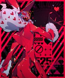 1boy ama0805 animal_print coat colored_skin demon_boy fur-trimmed_coat fur_trim hat hazbin_hotel heart heart-shaped_eyewear highres long_coat looking_at_viewer pink_coat purple_skin red_eyes sharp_teeth solo teeth valentino_(hazbin_hotel) zebra_print