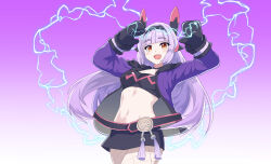 1girl arms_up bandeau black_bandeau black_choker black_mittens black_skirt breasts challenger_dominiel choker commentary_request epic_seven fishnet_pantyhose fishnets gradient_background hairband headgear highres jacket konjou lightning long_hair long_sleeves looking_at_viewer midriff miniskirt mittens navel open_clothes open_jacket open_mouth pantyhose purple_hair purple_jacket red_eyes skirt small_breasts smile solo stomach strapless tube_top