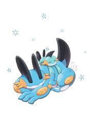 Rule 34 | 3others, character signature, closed eyes, closed mouth, drooling, gen 3 pokemon, hand on own stomach, highres, lying, lying on pokemon, marshtomp, mouth drool, mudkip, multiple others, nintendo, noir (noir 0010), on back, on stomach, open mouth, pokemon, pokemon (creature), signature, sleeping, sleeping on pokemon, star (symbol), star symbol background, swampert, white background