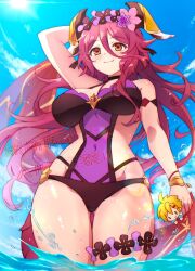 1girl arm_behind_head character_doll doll dragalia_lost dragon_girl dragon_horns dragon_tail ekra euden from_below head_wreath highres holding holding_doll horns long_hair mym_(dragalia_lost) mym_(summer)_(dragalia_lost) official_alternate_costume one-piece_swimsuit red_eyes red_hair solo swimsuit tail very_long_hair