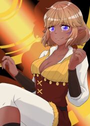 blonde_hair breasts cleavage dark-skinned_female dark_skin elf facial_tattoo long_sleeves mabinogi muiriol pointy_ears purple_eyes shirt short_hair smile tattoo white_shirt