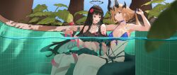 2girls ahoge alternate_costume arknights bikini black_bikini black_choker black_eyes black_hair black_halo black_horns blonde_hair blue_bikini blue_choker blunt_bangs choker closed_mouth cup dragon_horns drinking_glass fire flower frilled_bikini frilled_wrist_cuffs frills green_eyes hair_flower hair_ornament halo hand_in_own_hair hand_up highres holding holding_cup horns infection_monitor_(arknights) jewelry light_in_heart long_hair mismatched_bikini mole mole_under_eye multiple_girls necklace northkiyou official_alternate_costume parted_lips partially_submerged partially_underwater_shot pool reed_(arknights) reed_the_flame_shadow_(arknights) reed_the_flame_shadow_(summer_flower)_(arknights) sitting swimsuit tail tentacles thigh_strap underwater virtuosa_(arknights) wide_shot wine_glass wrist_cuffs
