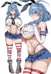 Rule 34 | 1girl, absurdres, ako (blue archive), black hairband, black neckerchief, black panties, blue archive, blue eyes, blue hair, blue halo, blue sailor collar, blue skirt, breasts, cosplay, crop top, elbow gloves, gloves, hair between eyes, hairband, halo, highleg, highleg panties, highres, horizontal-striped thighhighs, huge breasts, kantai collection, looking at viewer, medium hair, microskirt, navel, neckerchief, panties, pleated skirt, purplecat, rudder footwear, sailor collar, shimakaze (kancolle), shimakaze (kancolle) (cosplay), skirt, striped clothes, striped thighhighs, thighhighs, thong, underwear, white gloves