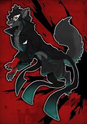1boy amamiya_ren animal_ears animalization axontatsu black_coat black_fur black_hair claws coat commentary_request dog dog_ears dog_nose dog_tail fangs grin highres joker_(persona_5) looking_at_viewer masked pawpads persona persona_5 red_background smile tail