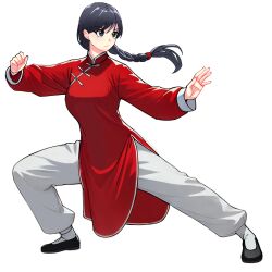 1girl absurdres black_hair changpao china_dress chinese_clothes dress fighting fighting_stance highres kicking kokoro_no_koibito kung_fu martial_arts monk original red_dress self-upload shaolin_monk