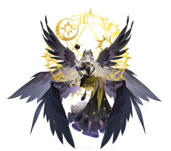 1girl absurdres black_arm_warmers black_collar black_dress black_wings breasts chinese_commentary cleavage closed_mouth clothing_cutout collar crescent curtained_hair dress expressionless feathered_wings fishnet_arm_warmers frilled_dress frilled_sleeves frills grey_hair hair_ornament highres invisible_chair large_breasts law_of_creation long_dress long_hair long_sleeves looking_at_viewer magic_circle mole mole_under_mouth multiple_wings object_floating_above_hand official_art orb parted_bangs plunging_neckline pointy_ears purple_eyes qiabeibei see-through_clothes see-through_dress short_sleeves simple_background sitting solo sun_symbol tassel two-tone_dress very_long_hair wavy_hair white_background wing_hair_ornament wings yellow_dress