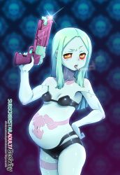 black_bra black_nails black_panties bra cameltoe cigarette colored_sclera commentary covered_erect_nipples cowboy_shot cyberpunk_(series) cyberpunk_edgerunners cyborg english_commentary geewhy green_hair gun highres holding holding_gun holding_weapon leg_tattoo long_hair nail_polish navel neck_tattoo panties parted_bangs pregnant rebecca_(cyberpunk) red_sclera stomach_tattoo subscribestar_username tattoo underwear underwear_only weapon