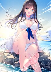 1girl bare_shoulders barefoot beach bikini black_hair blue_eyes blush breasts choker closed_mouth floating_hair flower hair_ornament highres jacket kobayashi_chisato long_hair looking_at_viewer medium_breasts navel open_mouth original outdoors rock see-through_clothes sitting smile solo stomach swimsuit water water_drop white_bikini white_choker