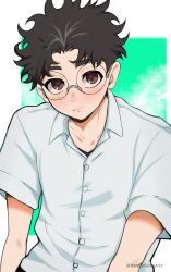 Rule 34 | 1boy, absurdres, artist name, black hair, brown eyes, collared shirt, commentary, dandadan, harutoyumaarts, highres, looking at viewer, male focus, rimless eyewear, round eyewear, school uniform, shirt, short hair, solo, takakura ken (dandadan), twitter username, upper body, white shirt