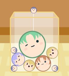 &gt;_&lt; ._. :&lt; :d ;) blonde_hair blunt_bangs brown_background brown_hair circle closed_eyes closed_mouth commentary_request furude_rika gaou_(babel) green_hair hanyuu higurashi_no_naku_koro_ni houjou_satoko one_eye_closed open_mouth parted_bangs purple_hair ryuuguu_rena smile sonozaki_mion suika_game xd