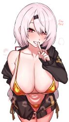 1girl absurdres bikini breasts cleavage finger_to_mouth gold_bikini golden_week_bikini hair_ornament hairclip highres jacket large_breasts long_hair long_sleeves looking_at_viewer nijisanji off_shoulder open_clothes open_jacket pink_hair red_eyes shiina_yuika shiny_swimsuit shushing solo suisogenshi sweat swimsuit unzipped very_long_hair virtual_youtuber