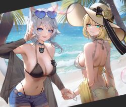 Rule 34 | 2girls, aglaea (honkai: star rail), alternate costume, animal ear fluff, animal ears, bare shoulders, blonde hair, bow, breasts, cat ears, cat girl, cipher (honkai: star rail), cleavage, denim, denim shorts, grey hair, hair bow, hanato (seonoaiko), hat, hat bow, highres, holding hands, honkai: star rail, honkai (series), large breasts, looking at viewer, mole, multiple girls, navel, short hair with long locks, shorts, stomach, sun hat, swimsuit