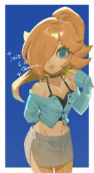 Rule 34 | 1girl, bare shoulders, blonde hair, blue eyes, breasts, cropped sweater, earrings, hair over one eye, highres, jewelry, long hair, long sleeves, looking at viewer, mario (series), midriff, miniskirt, nail polish, navel, nintendo, nonana (galaxycat89p13), off-shoulder cardigan, outside border, ponytail, rosalina, side slit, skirt, solo, star (symbol), star earrings